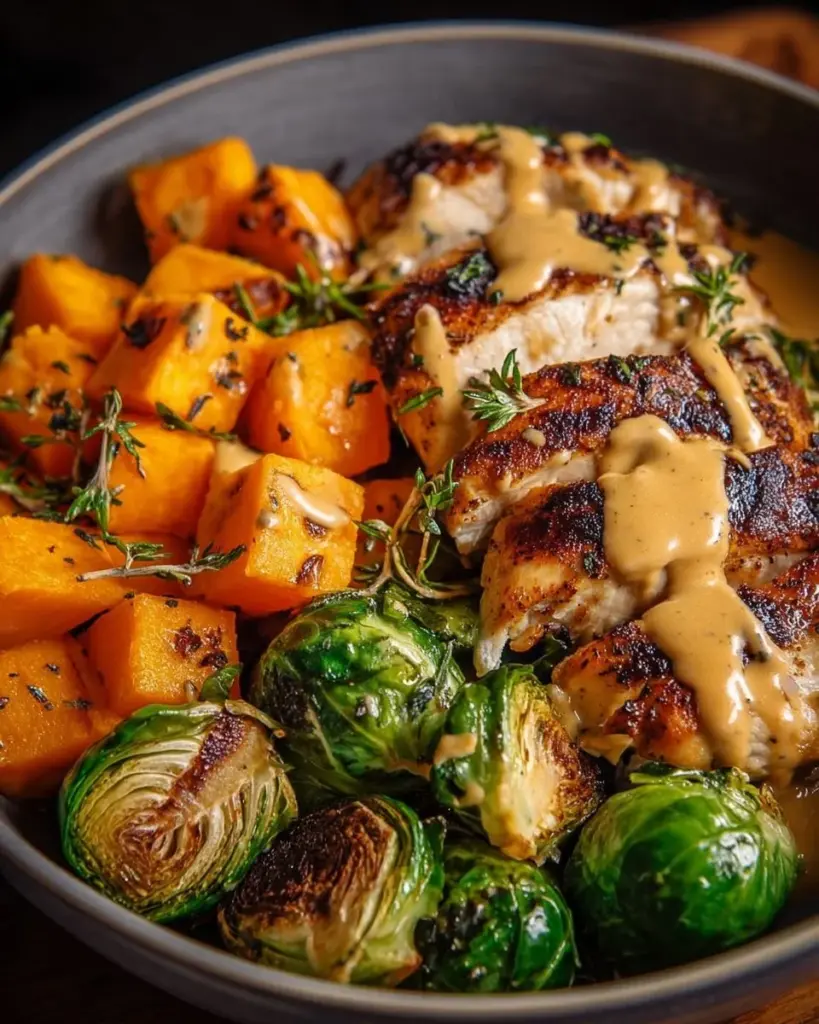 Maple Dijon Chicken served in a bowl with roasted sweet potatoes and greens
