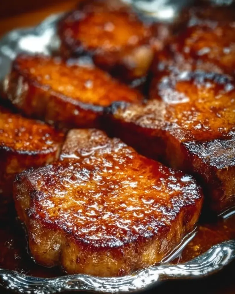 Maple glazed pork chops served with vegetables on a plate.
