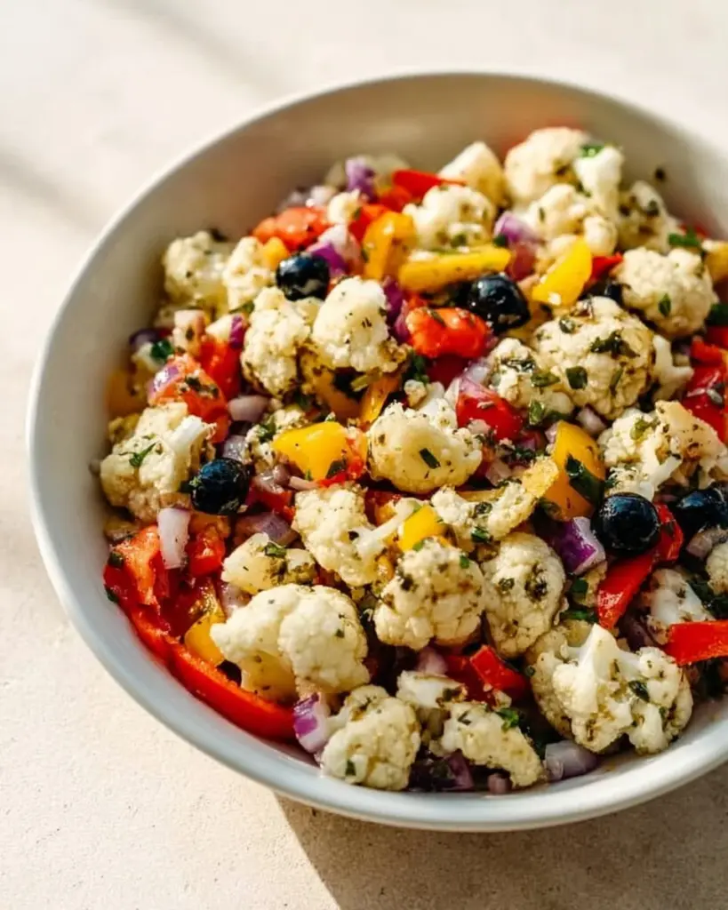 Delicious marinated cauliflower salad with fresh vegetables and herbs