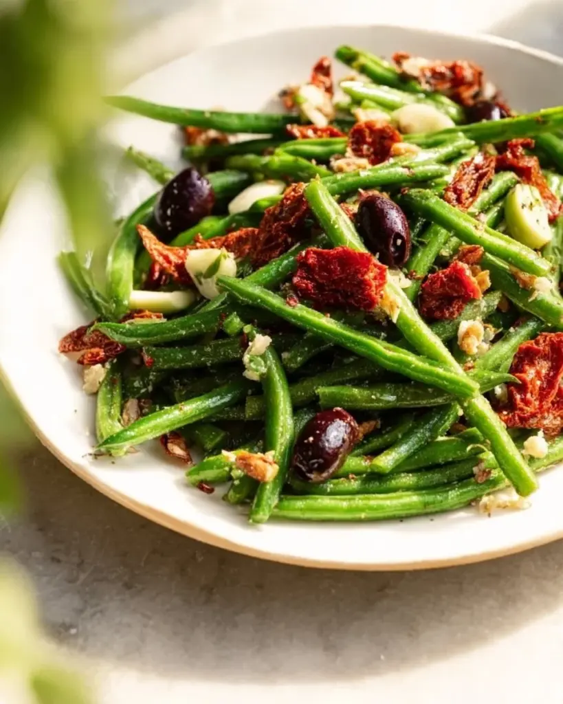 A colorful Mediterranean green bean salad featuring fresh veggies and herbs.