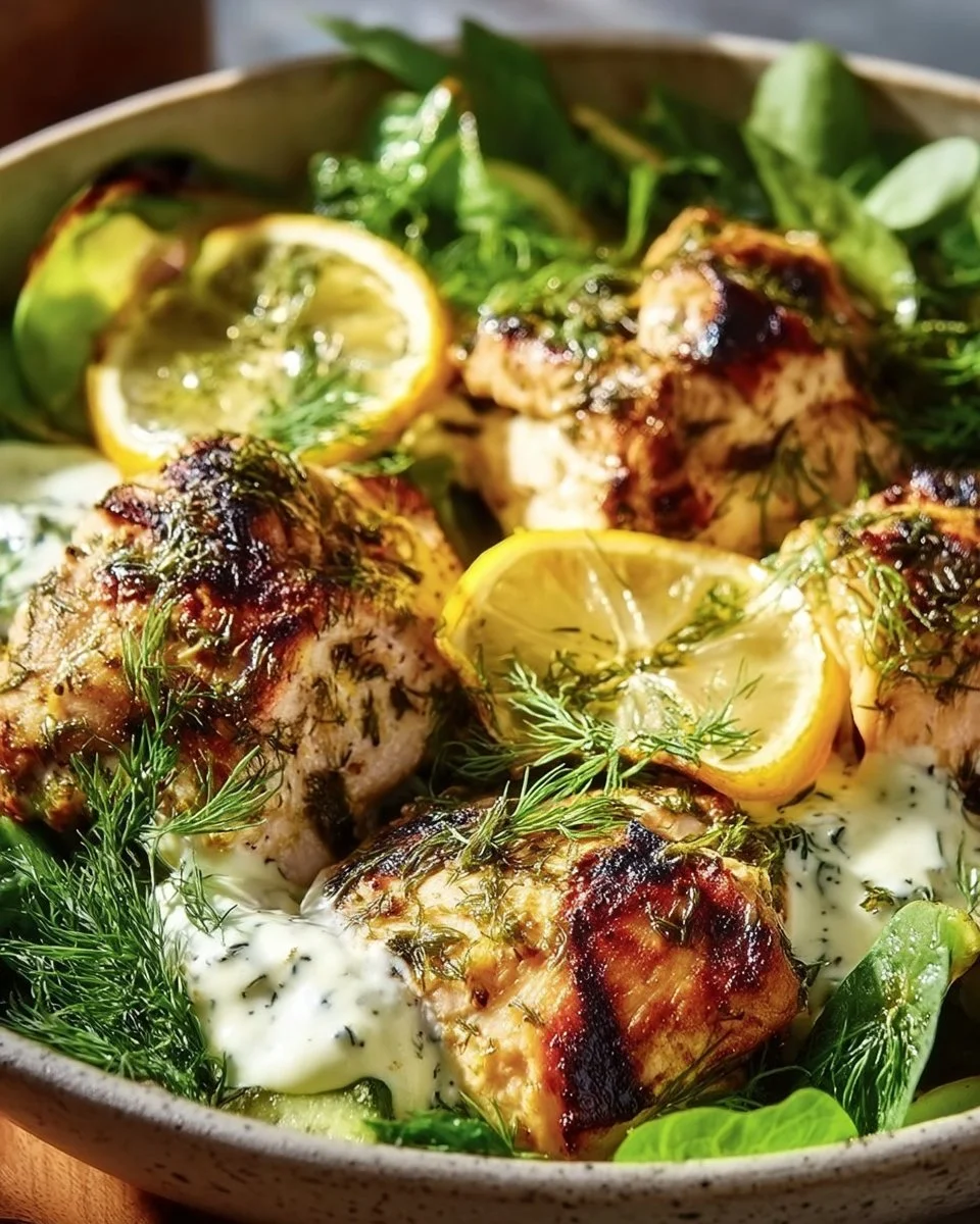 Mediterranean Lemon-Dill Chicken Bowls with fresh vegetables and herbs
