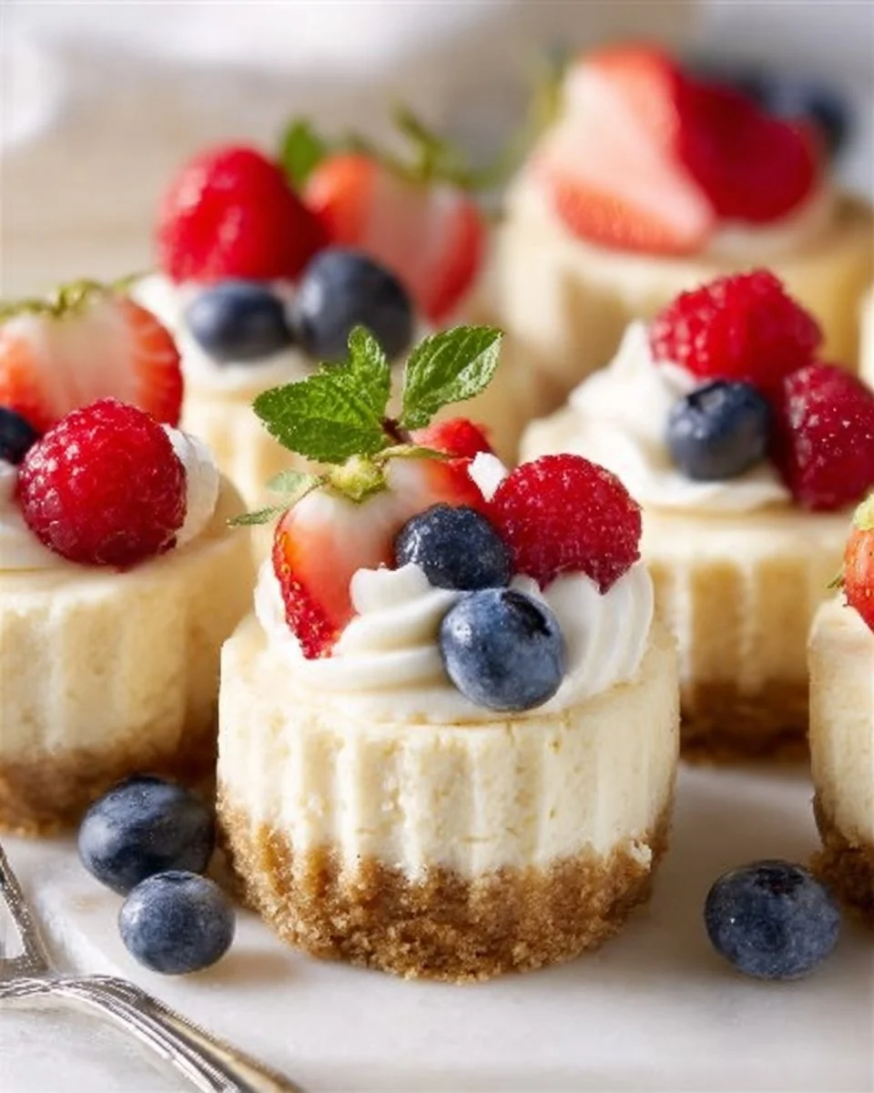 Deliciously crafted mini cheesecakes topped with fresh berries and whipped cream.