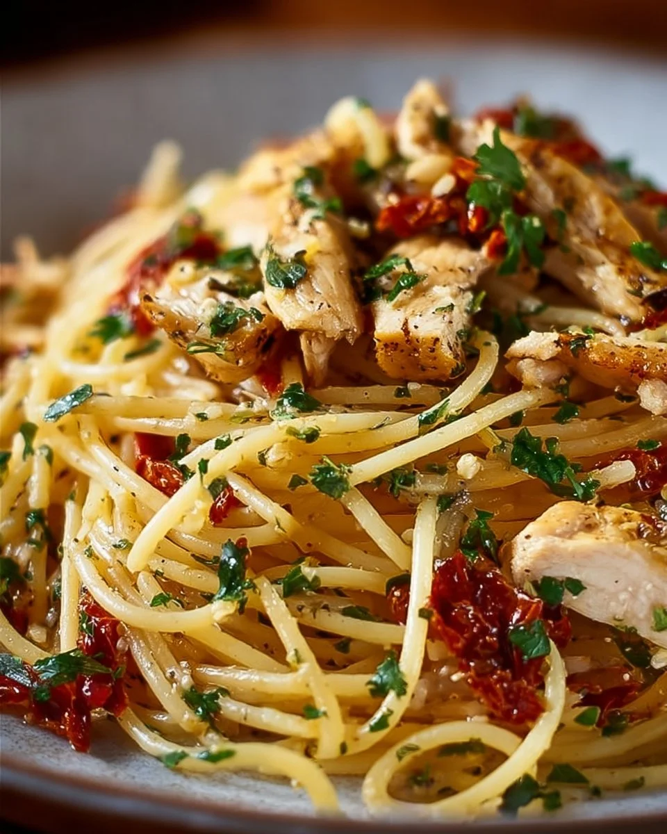 Delicious Monterey Chicken Spaghetti topped with herbs and cheese