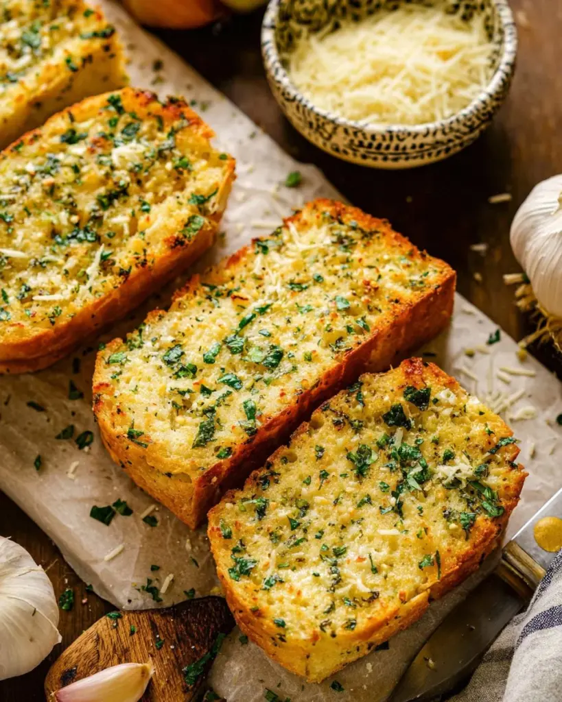 Delicious homemade garlic bread topped with herbs and melted butter
