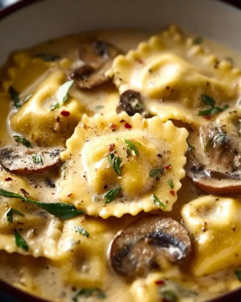 Delicious mushroom ravioli served with a creamy sauce