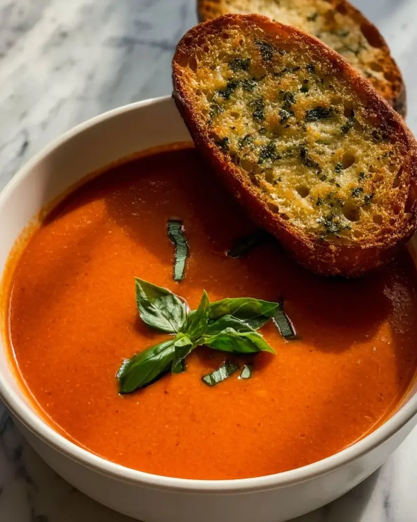 Delicious bowl of Nordstrom Cafe's Tomato Basil Soup garnished with fresh basil.