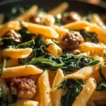 One-Pan Creamy Penne with Spinach and Italian Sausage served in a bowl