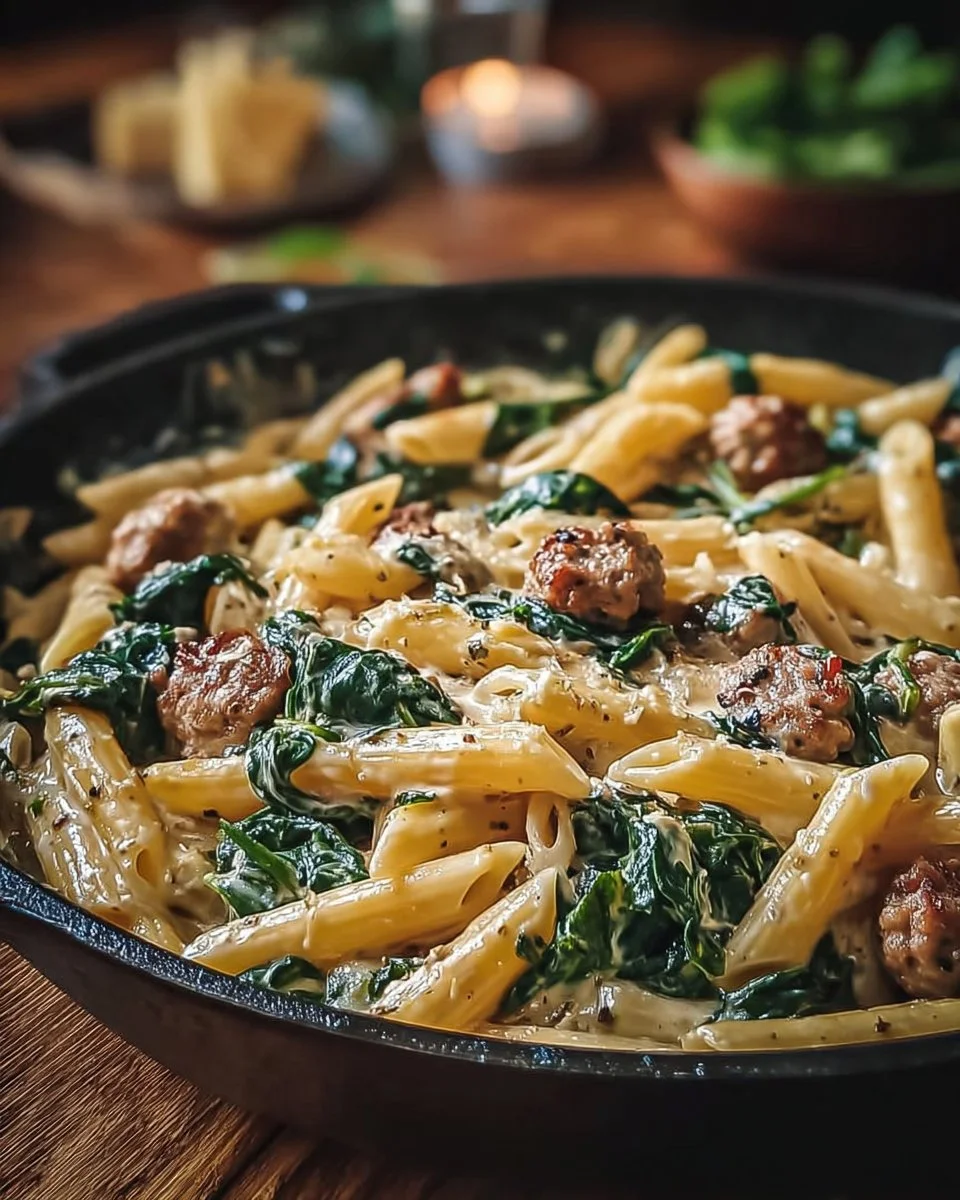 One-Pan Creamy Penne with Spinach and Italian Sausage