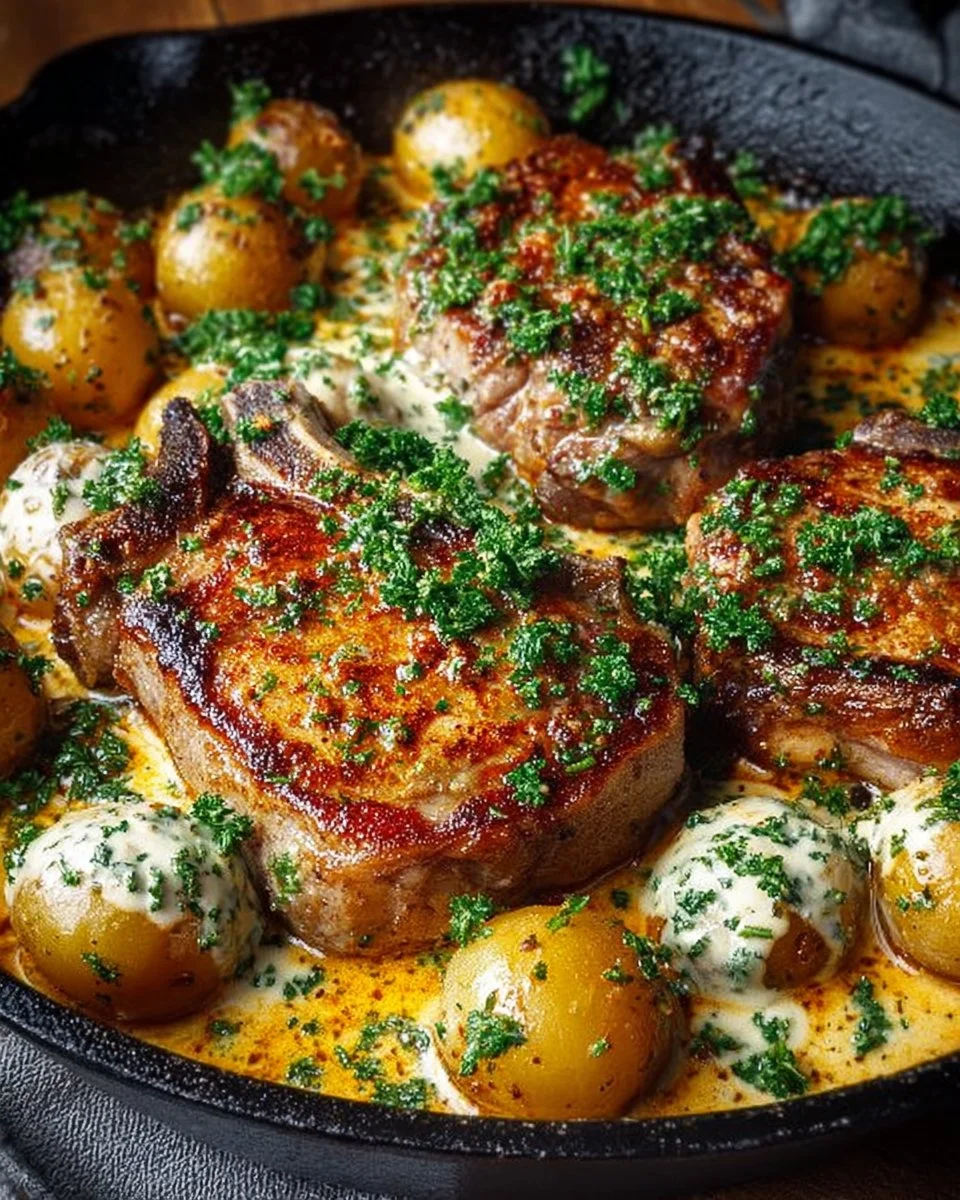 One-Pan Creamy Ranch Pork Chops served with Potatoes