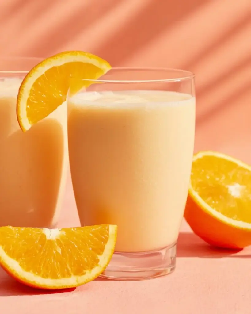 A refreshing Orange Julius smoothie topped with whipped cream and a fresh orange slice
