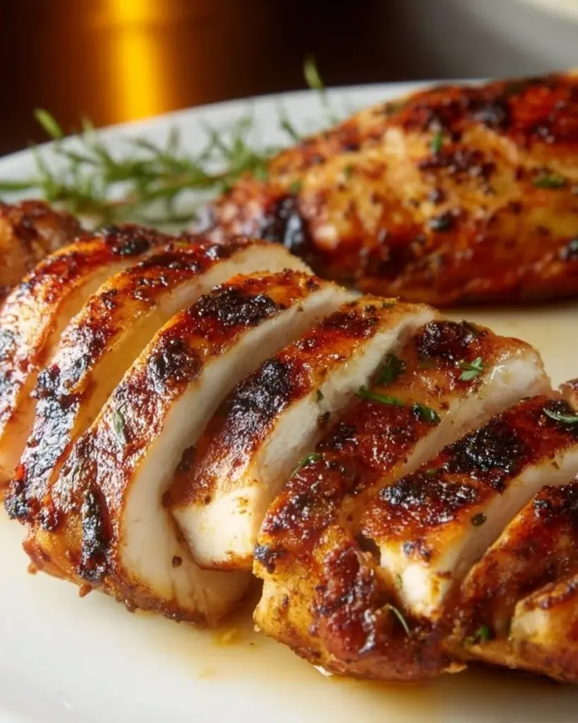 Pan seared chicken breast cooked to perfection on a skillet.
