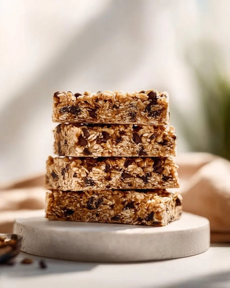 Homemade peanut butter granola bars stacked on a wooden table.