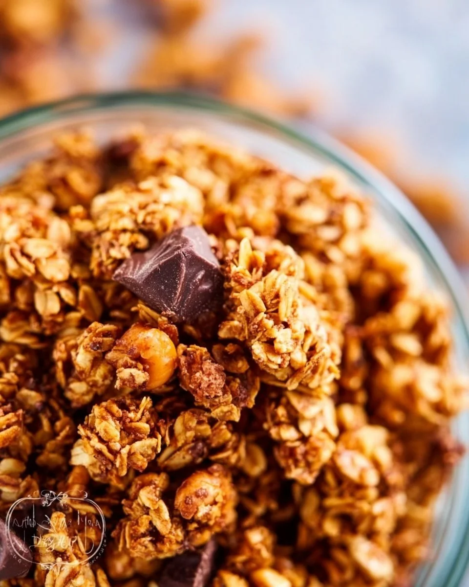 Bowl of Peanut Butter Granola with Chocolate Chips for a healthy snack