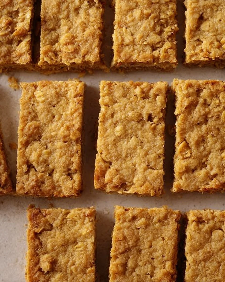 Delicious homemade peanut butter oat bars stacked on a wooden table.