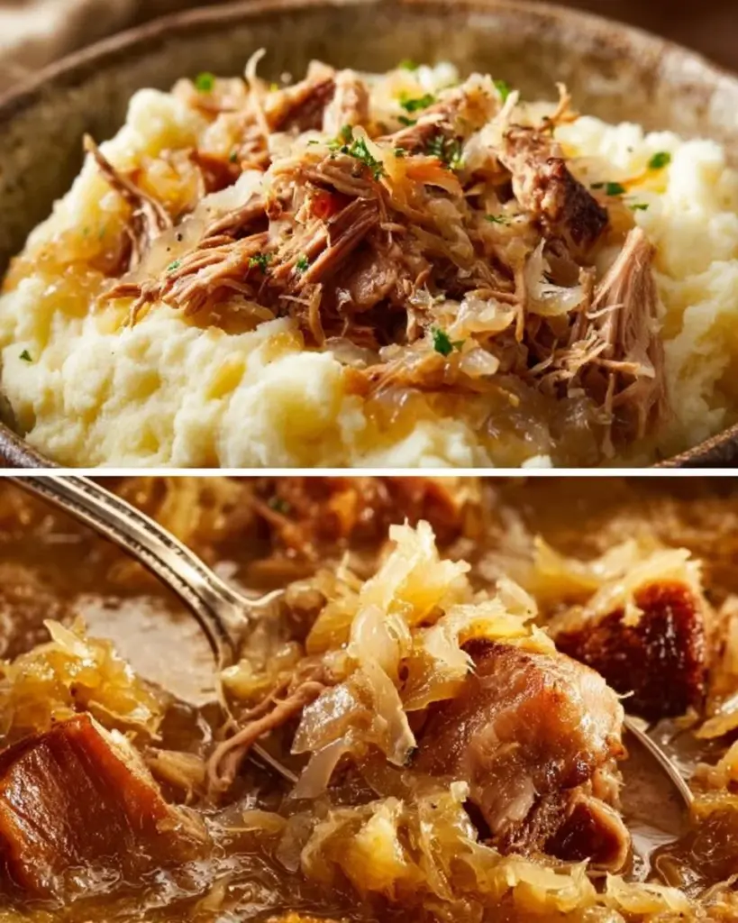 Delicious plate of pork and sauerkraut served with potatoes.