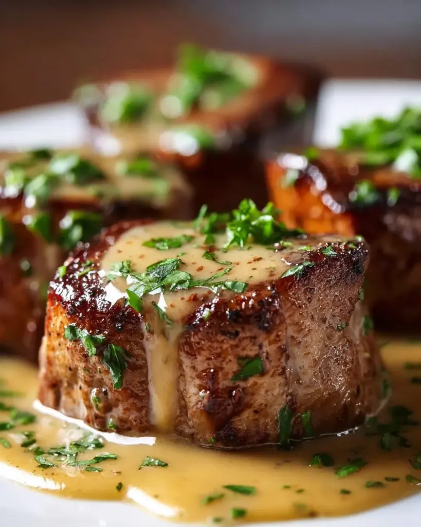 Pork tenderloin with creamy Dijon sauce served on a plate