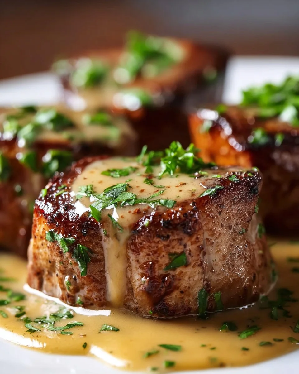 Pork tenderloin with creamy Dijon sauce served on a plate