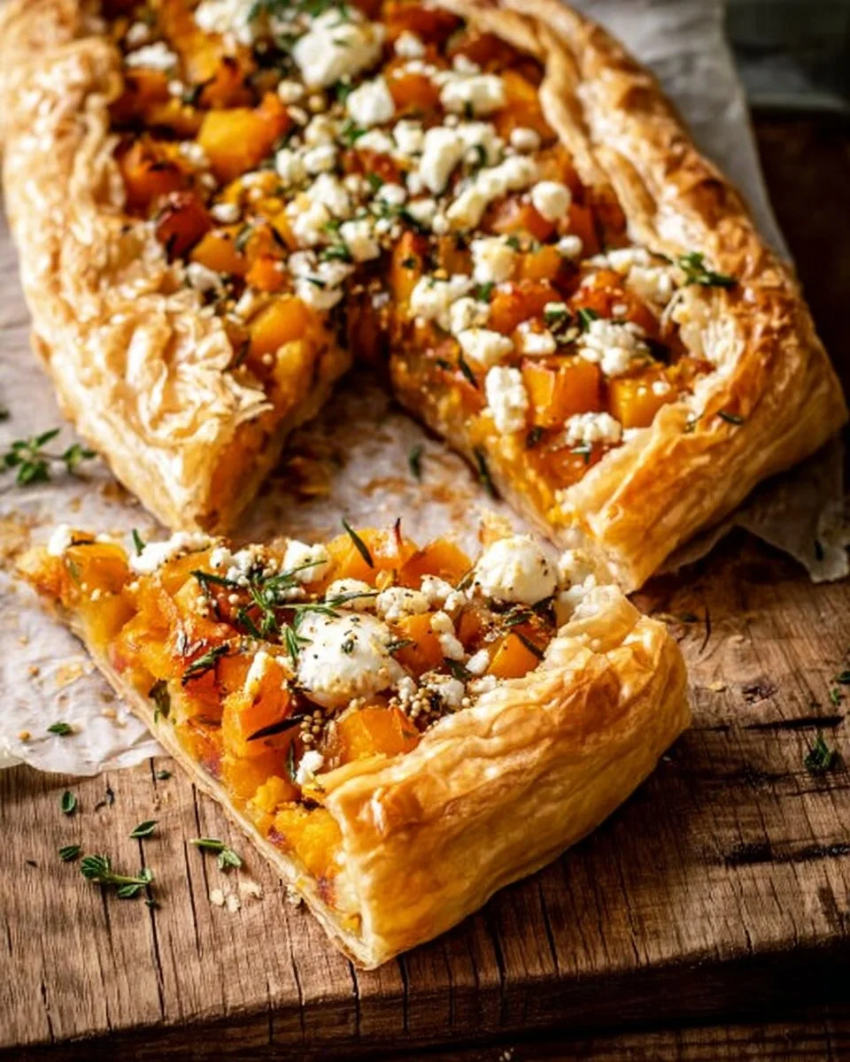Savory homemade Pumpkin Feta Tart topped with fresh herbs