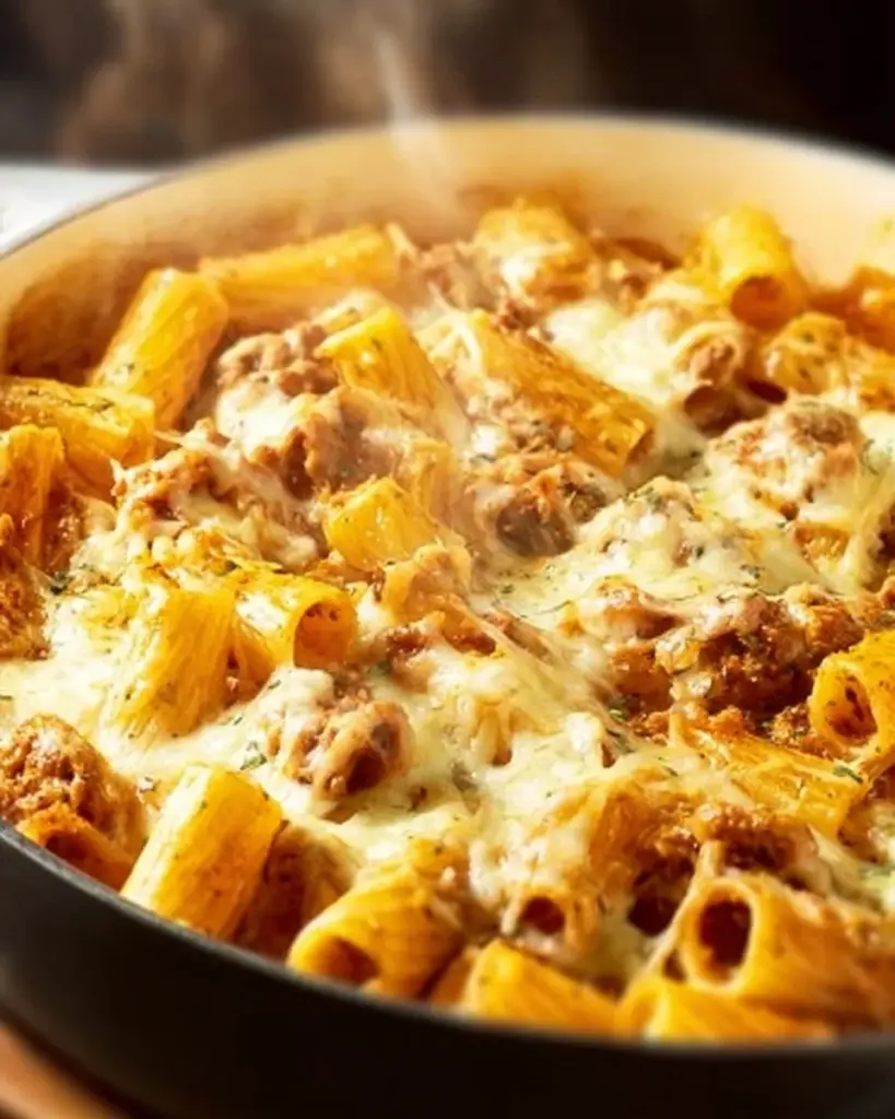 Pumpkin and Sausage Pasta Bake in a ceramic dish topped with herbs