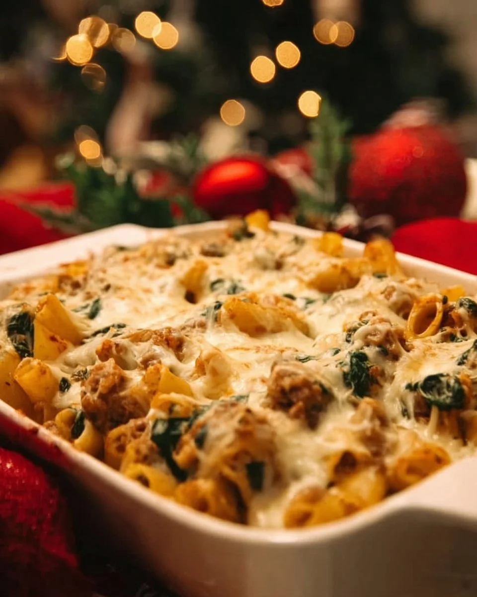Delicious Pumpkin Baked Ziti with Sausage and Spinach in a baking dish