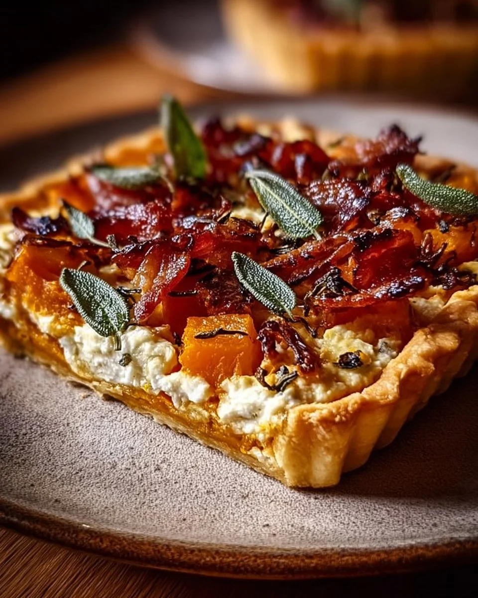 Pumpkin Tart with ricotta, caramelized onion, bacon, and sage on a rustic table