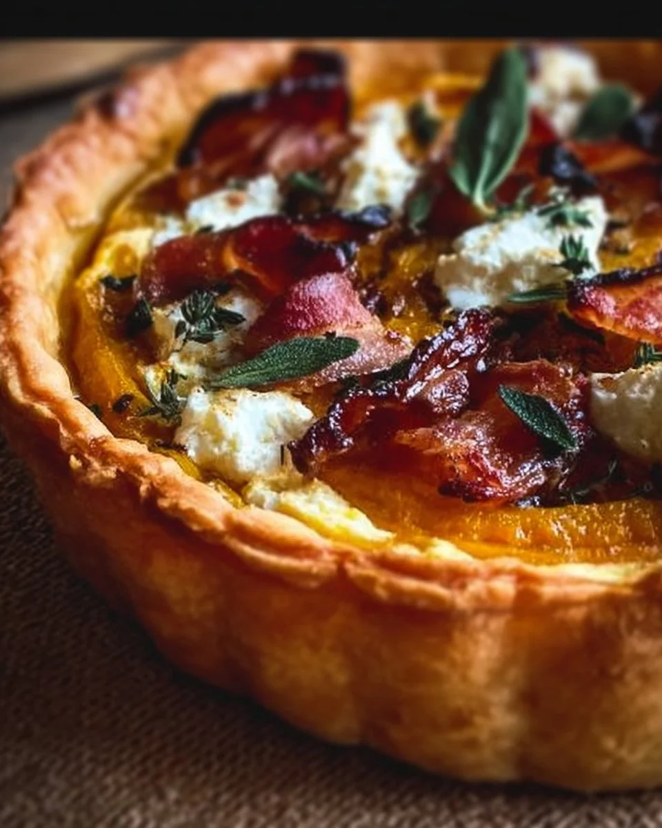 Pumpkin, Ricotta & Caramelized Onion Tart with Bacon and Sage