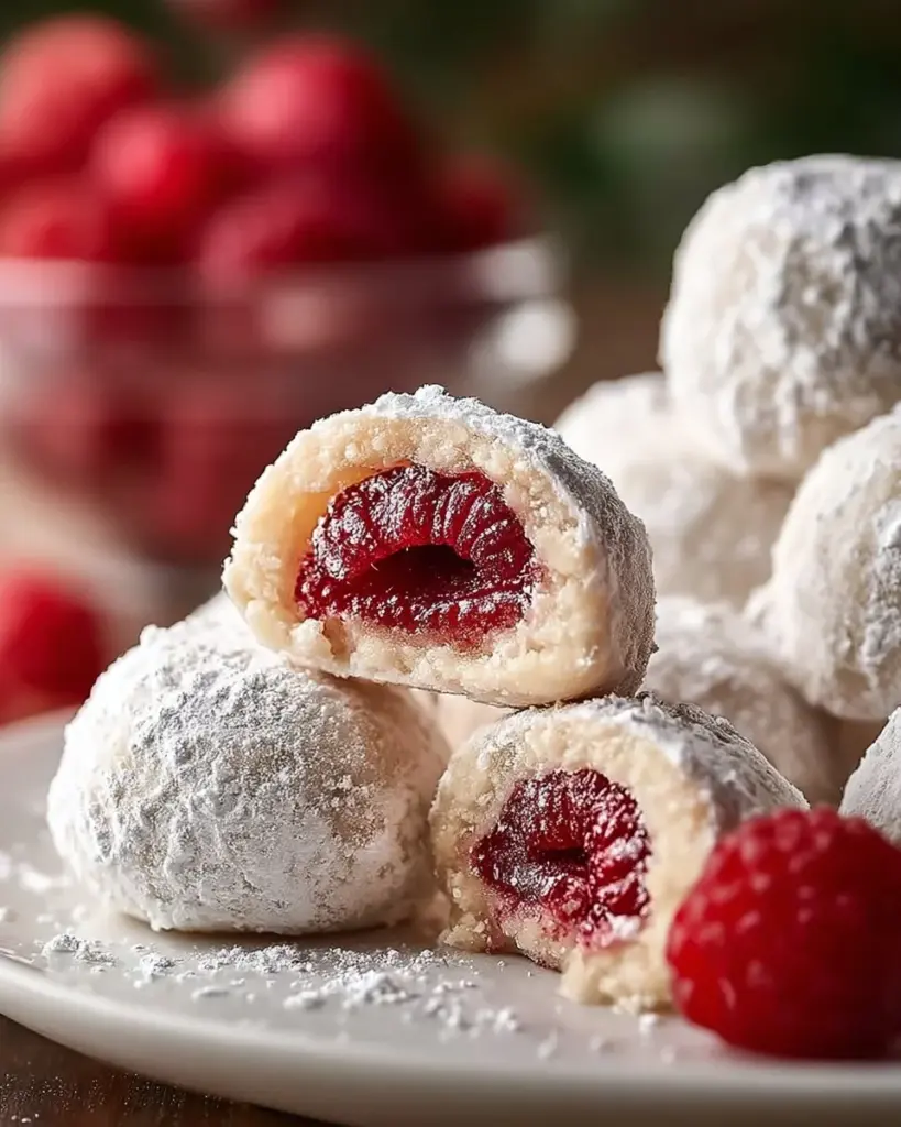 Plate of delicious Raspberry Almond Snowball Cookies dusted with powdered sugar