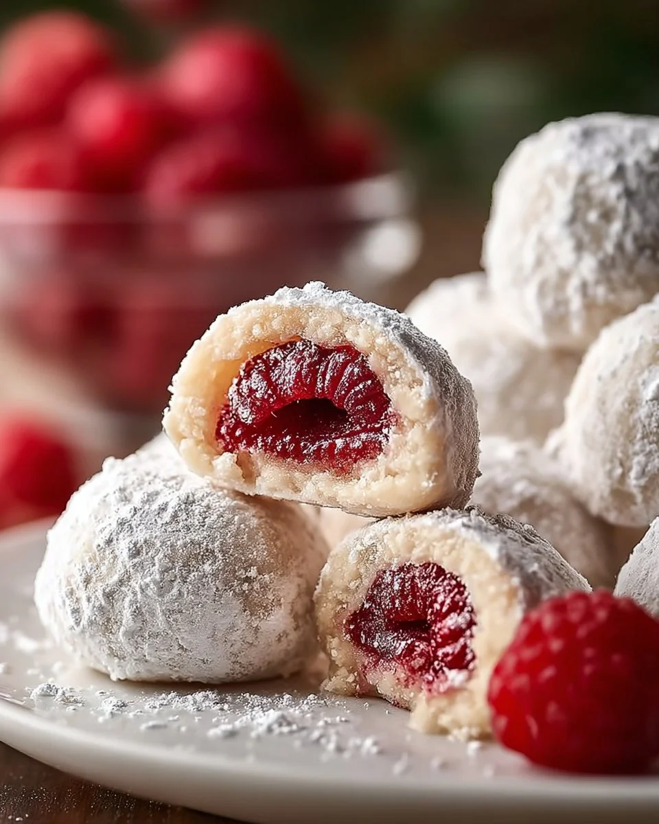 Plate of delicious Raspberry Almond Snowball Cookies dusted with powdered sugar