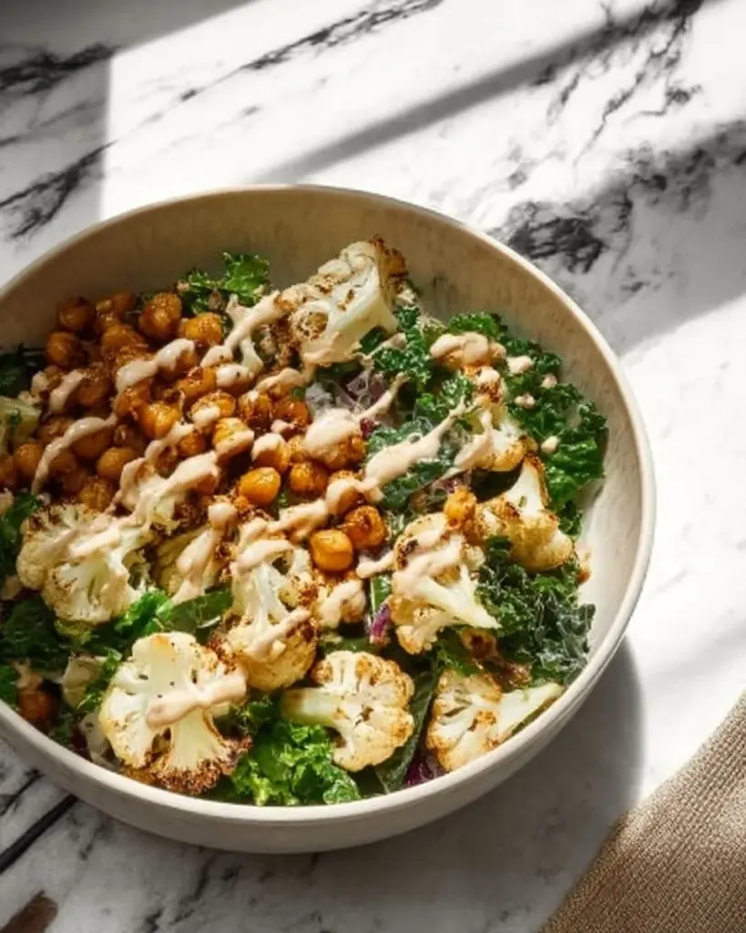 Delicious roasted cauliflower salad with fresh vegetables and dressing