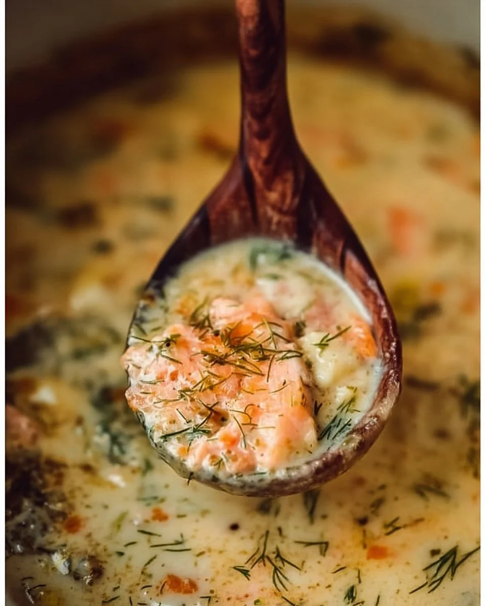 Bowl of creamy salmon chowder soup garnished with fresh herbs