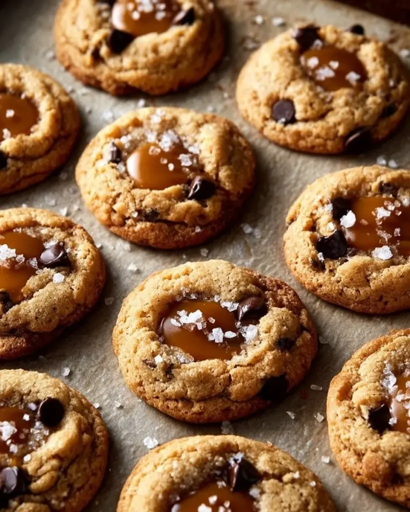 Freshly baked salted caramel cookies with a sprinkle of sea salt.