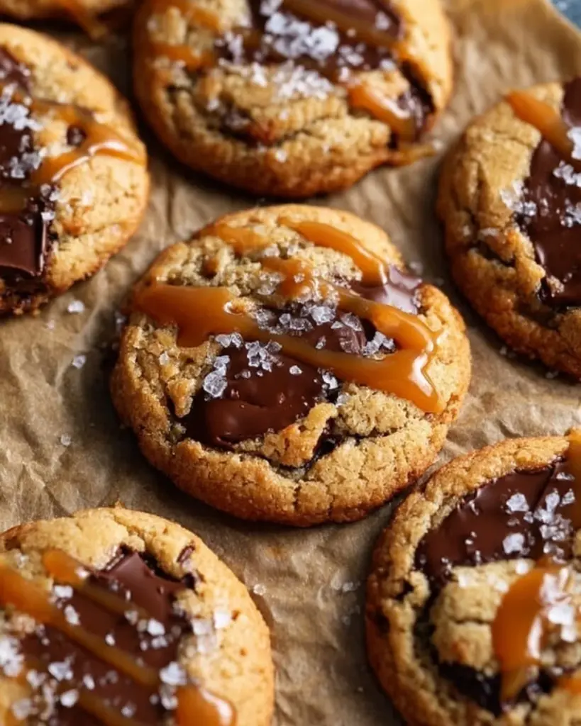 Freshly baked salted caramel cookies with a drizzle of caramel and sea salt