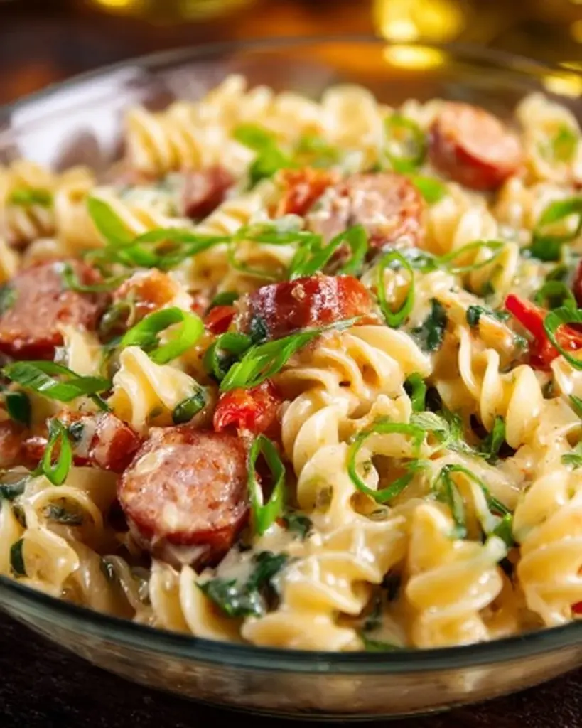 Delicious plate of sausage pasta with vegetables and herbs