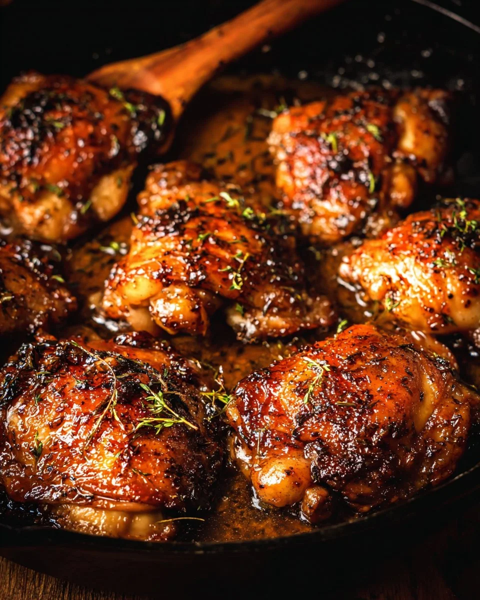 Baked honey garlic chicken thighs served on a plate with fresh herbs.