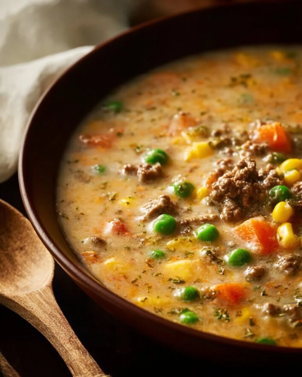 Bowl of hearty Shepherd's Pie Soup with vegetables and potatoes