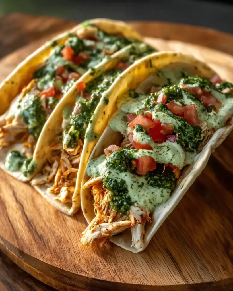Delicious shredded chicken tacos with creamy chimichurri sauce on a plate