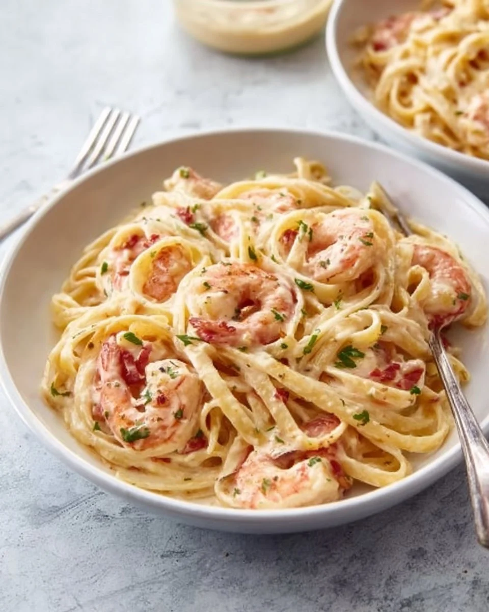 Creamy Shrimp Alfredo pasta dish garnished with parsley and parmesan cheese