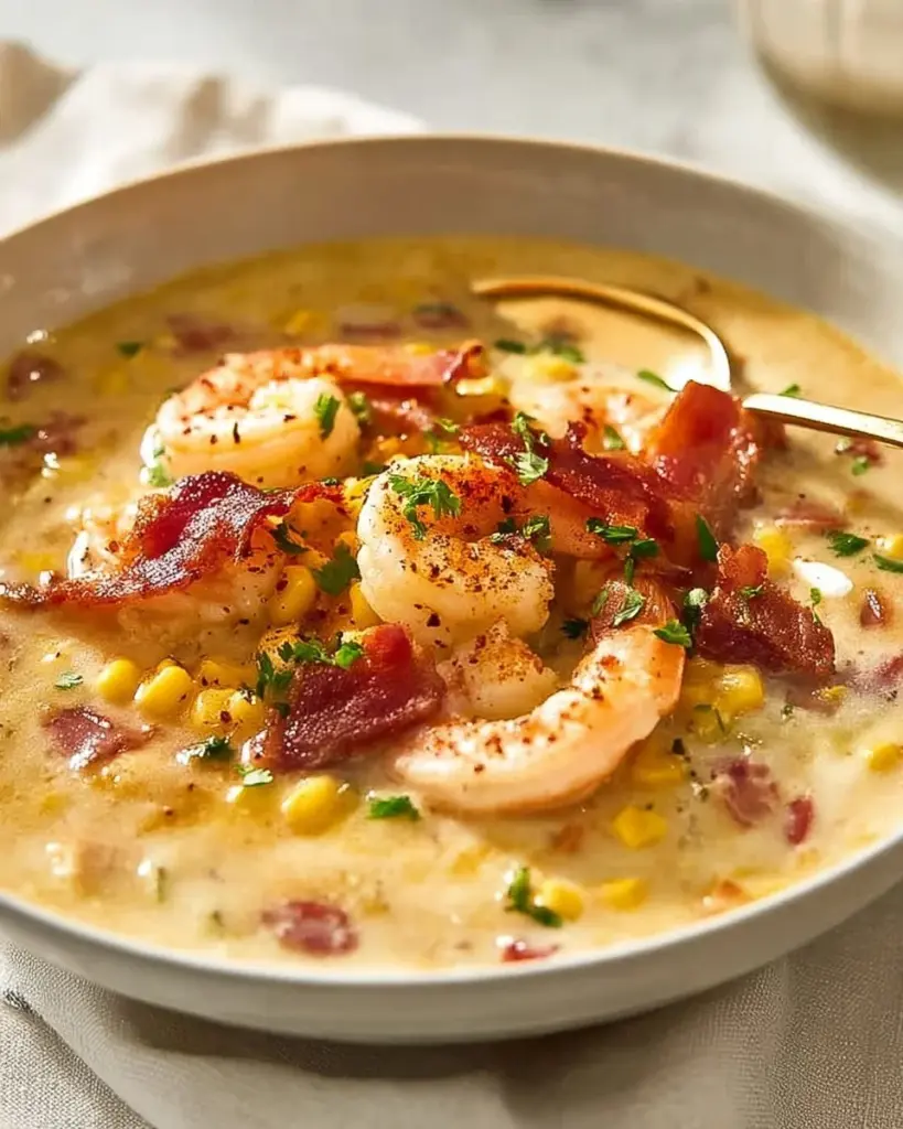 Bowl of creamy shrimp and corn chowder garnished with herbs