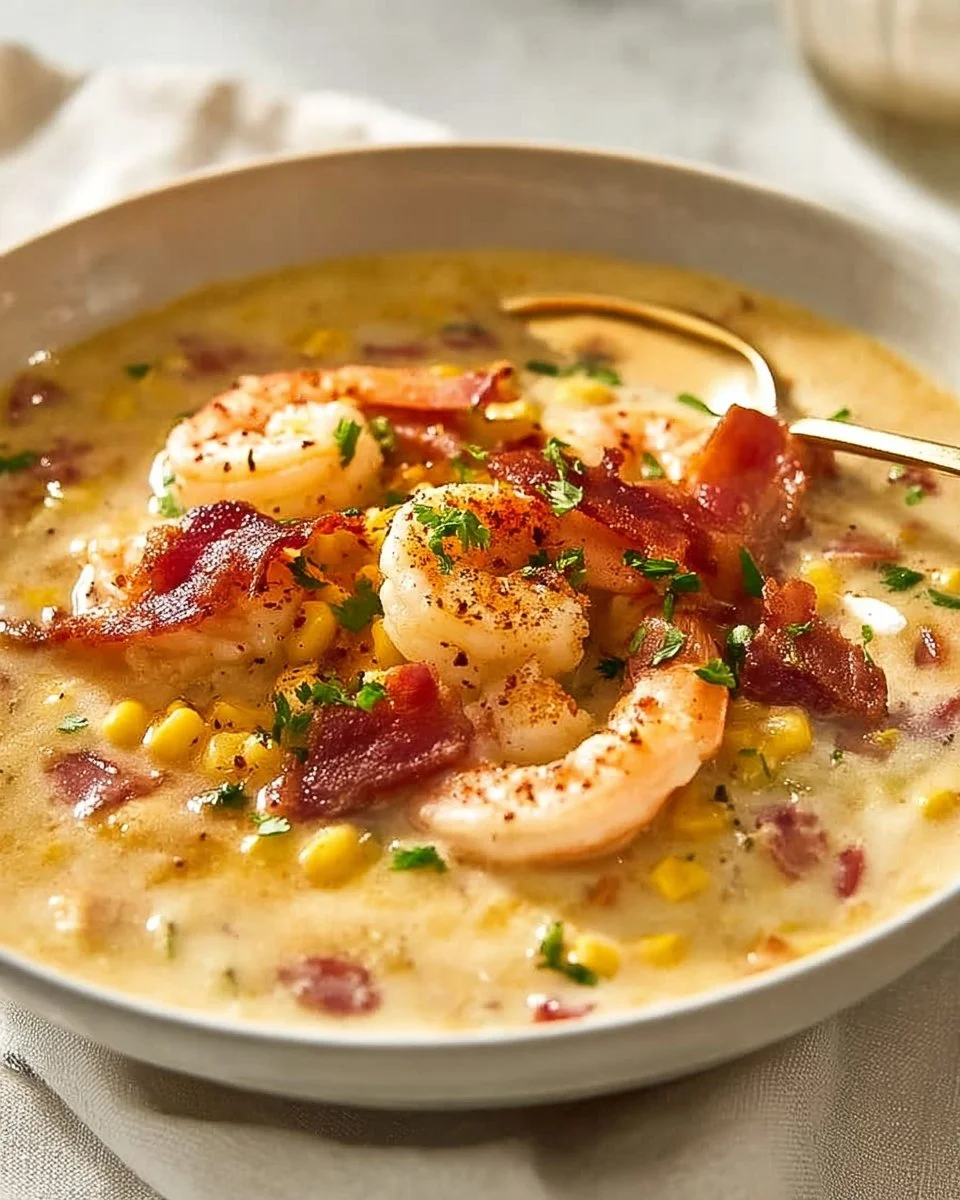 Bowl of creamy shrimp and corn chowder garnished with herbs