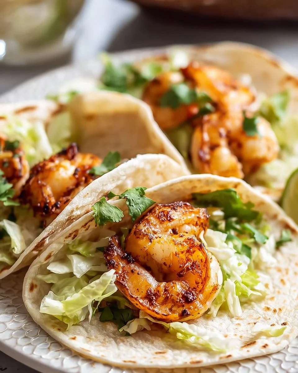 Delicious shrimp tacos topped with avocado and cilantro on a wooden table.