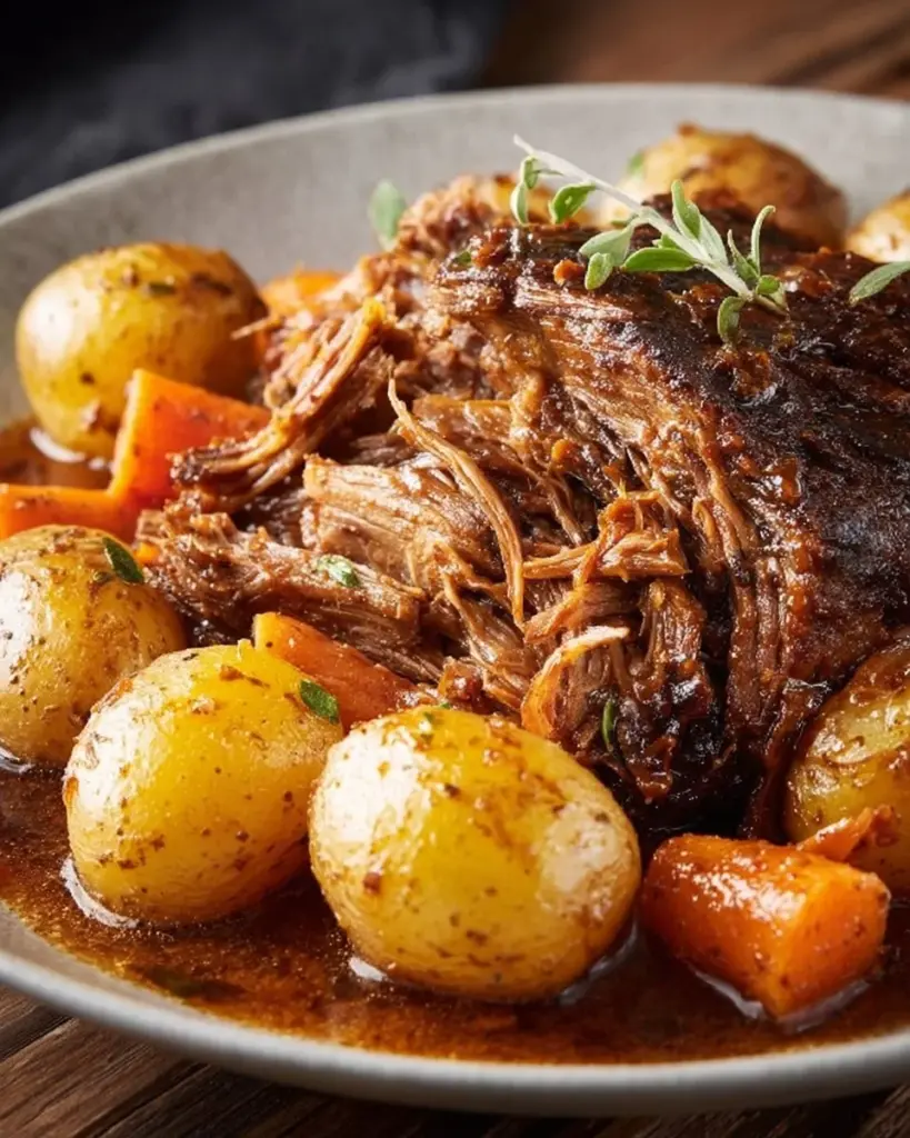 Delicious slow cooker pork roast served with vegetables