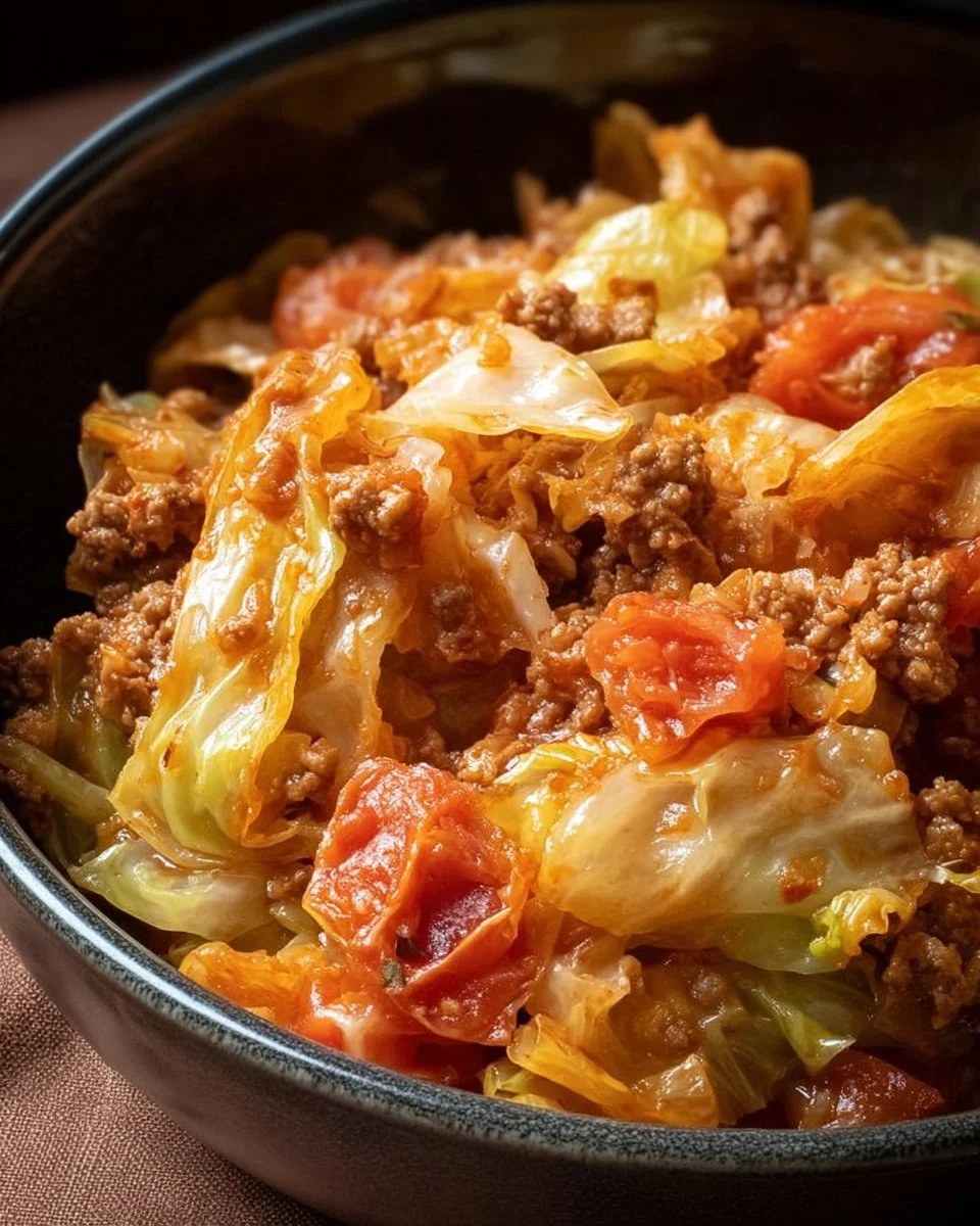 Bowl of delicious slow cooker unstuffed cabbage rolls with fresh ingredients