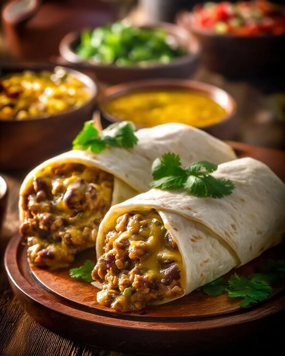 Delicious smothered green chili burritos ready to serve.