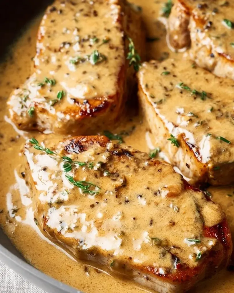 Smothered pork chops served with creamy sauce and herbs