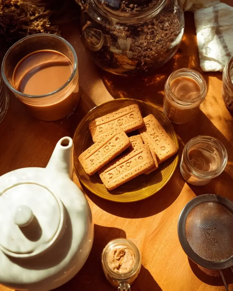 A warm cup of spiced tea with aromatic spices and herbs