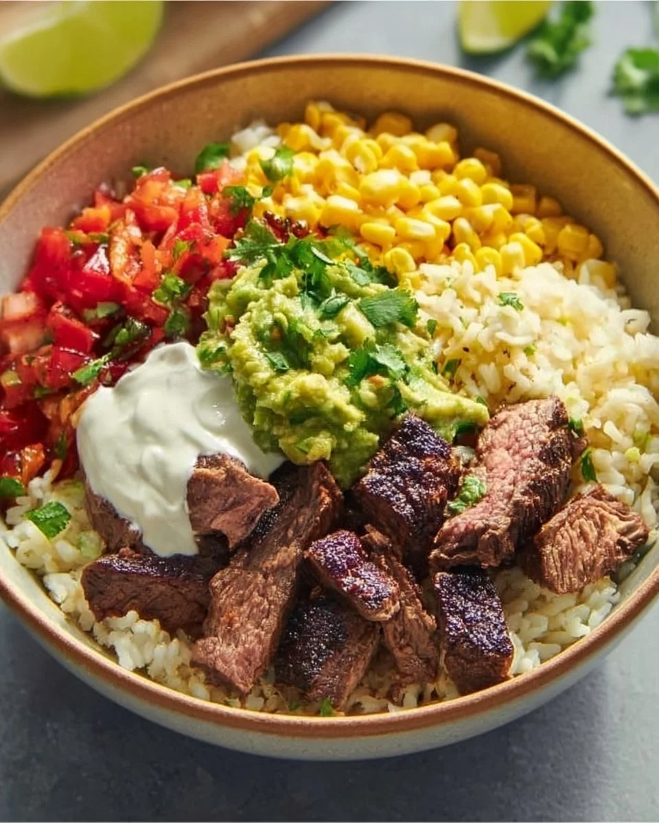 Delicious steak burrito bowl with fresh toppings and vibrant ingredients.
