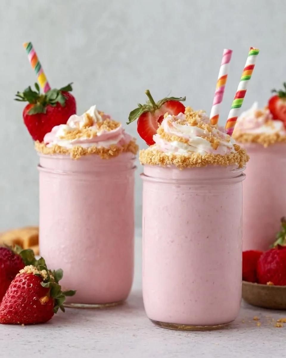 Delicious Strawberry Cheesecake Smoothie topped with fresh strawberries