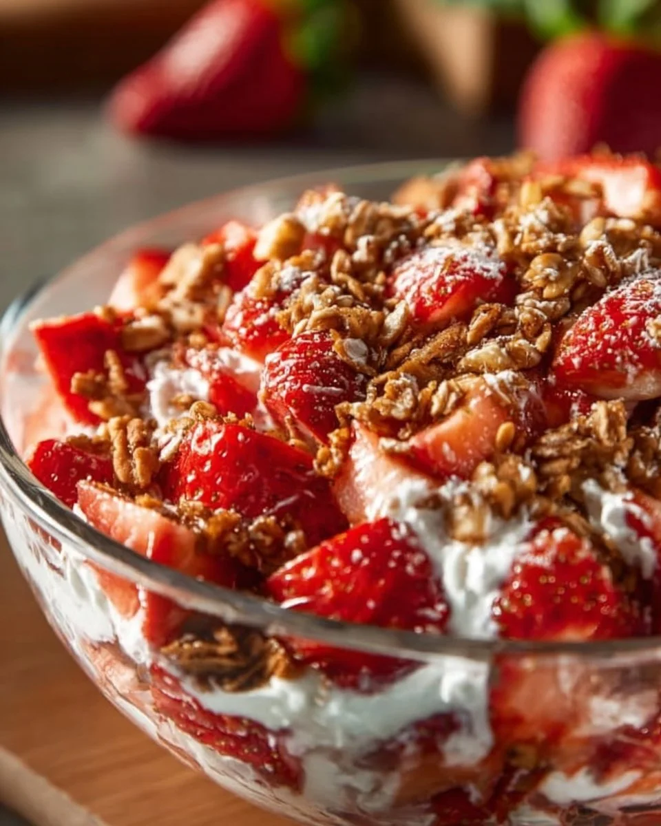 Delicious Strawberry Crackle Salad with fresh strawberries and crunchy toppings