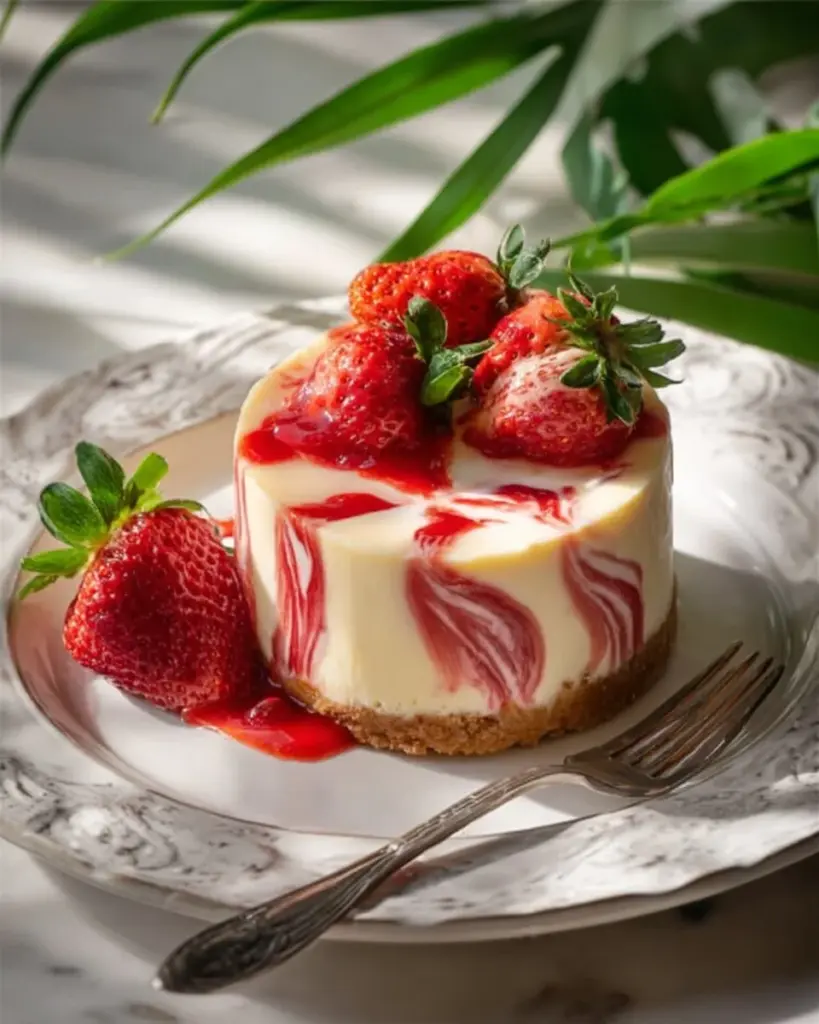 Delicious strawberry swirl cheesecake topped with fresh strawberries