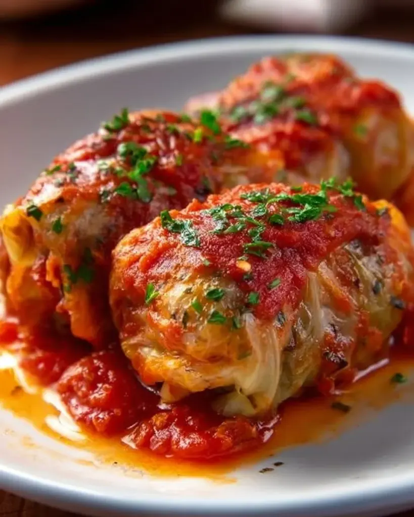 Delicious stuffed cabbage rolls served on a plate with garnishes